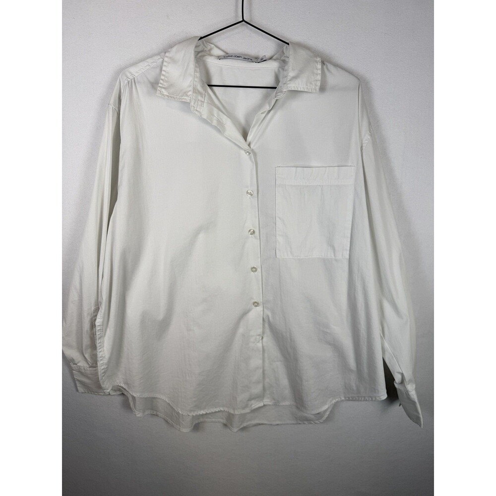 Calvin Klein Womens Size L White Cotton Long Sleeve Button Up Shirt Blouse Top